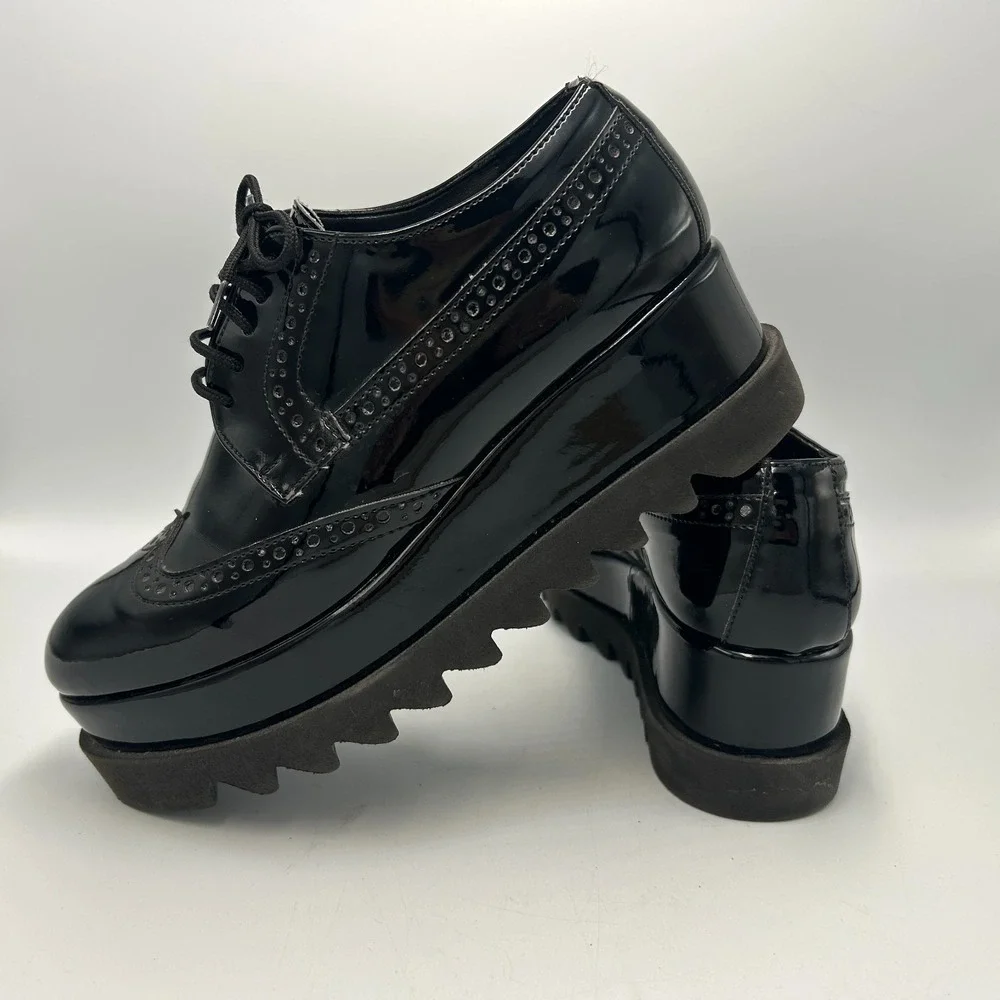 Platform Creeper Shoes Grunge Black Patent Leather Wingtip Chunky Womens 6